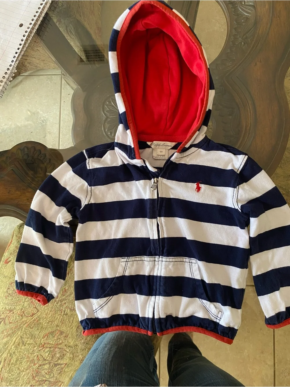 Ralph Lauren Kids Navy & White Striped Zip Hoodie with Red Hood